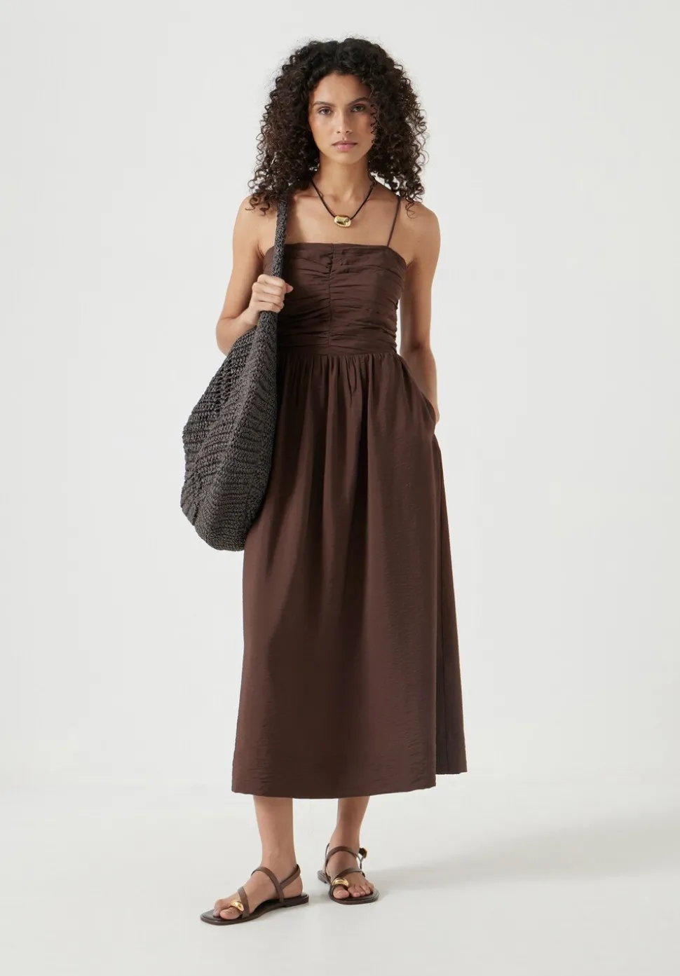 Air Flow Strappy Gathered Midi Dress