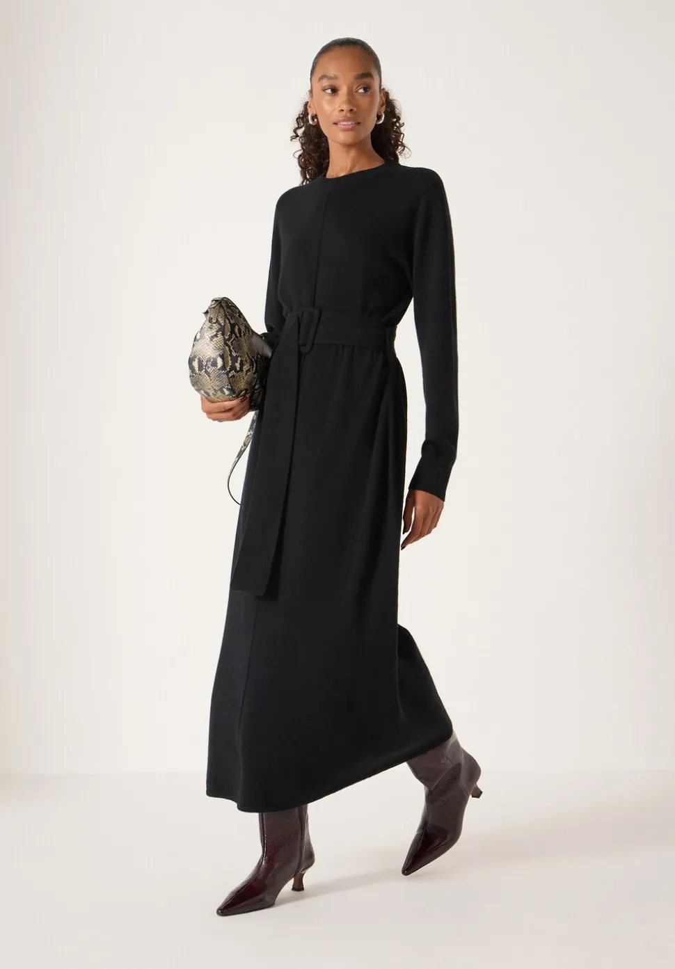 Buckle Belt Merino Wool Midi Dress