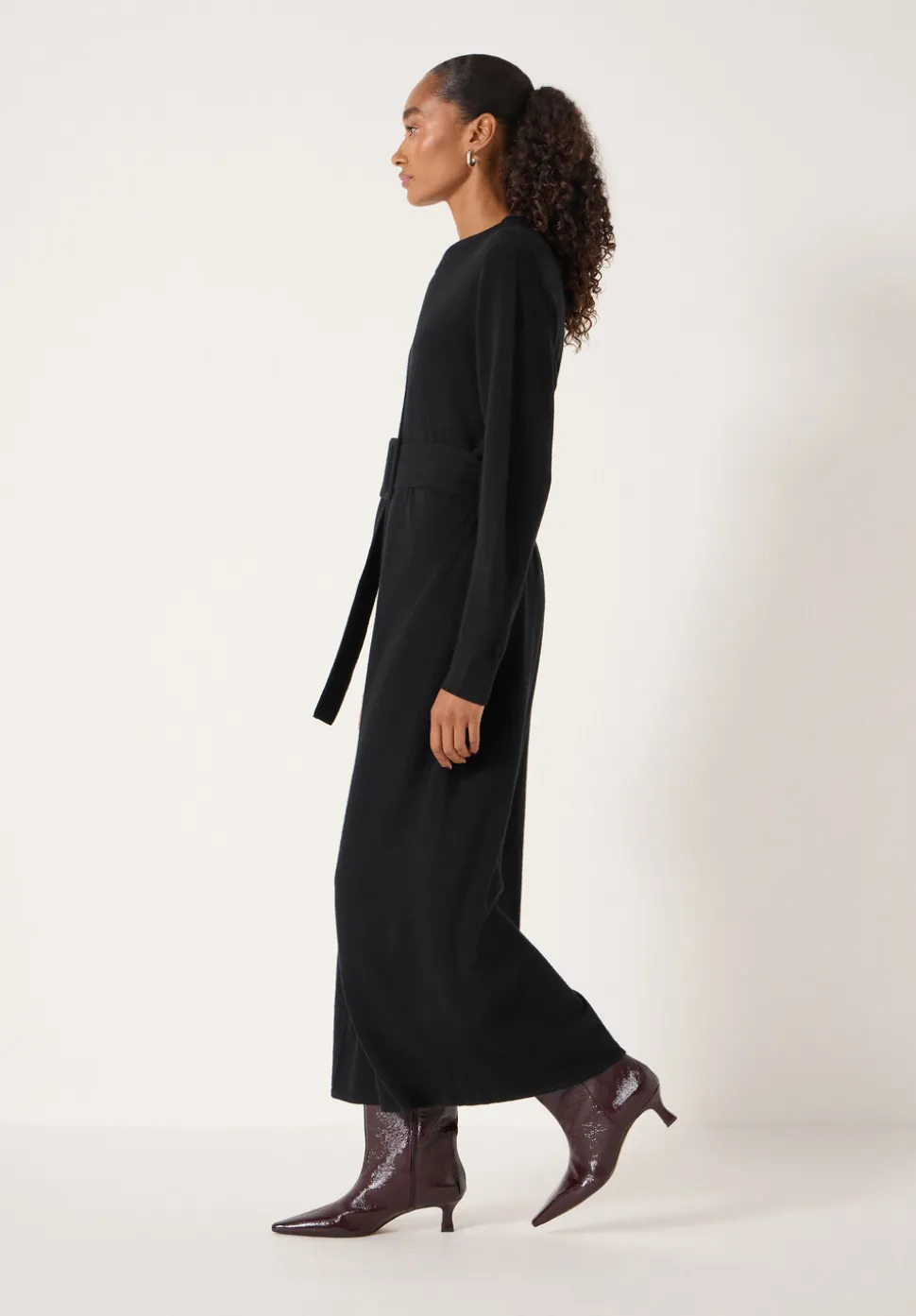 Buckle Belt Merino Wool Midi Dress