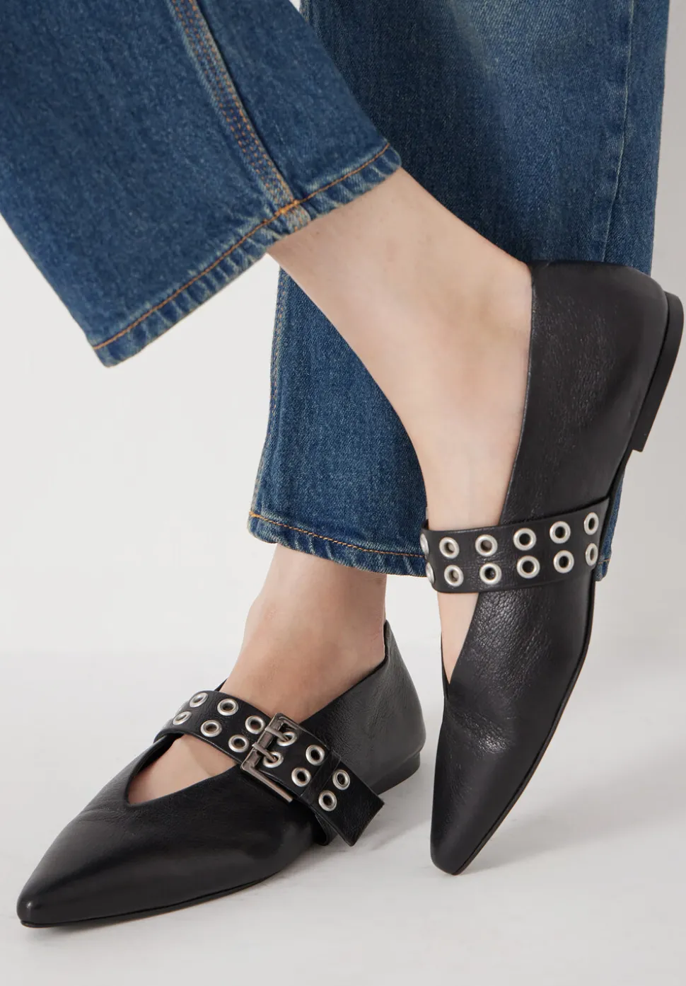 Buckled Leather Ballerina Flats