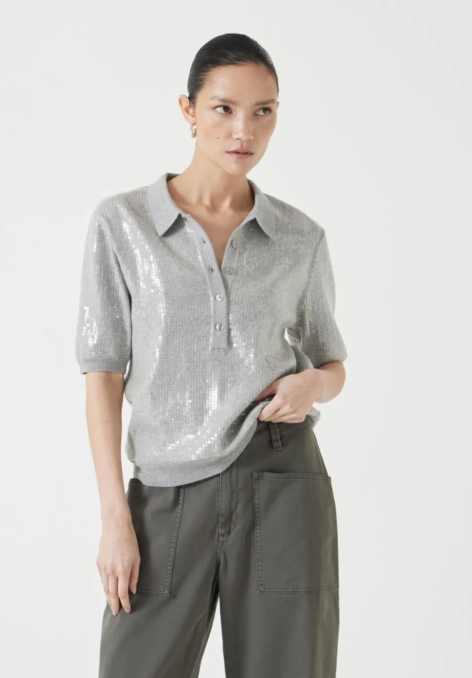 Clear Sequin Knitted Polo Top