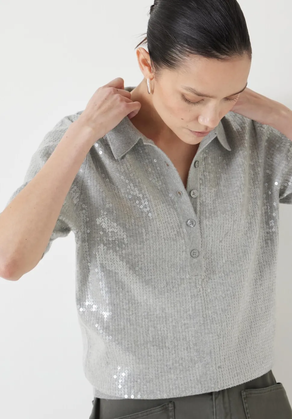 Clear Sequin Knitted Polo Top