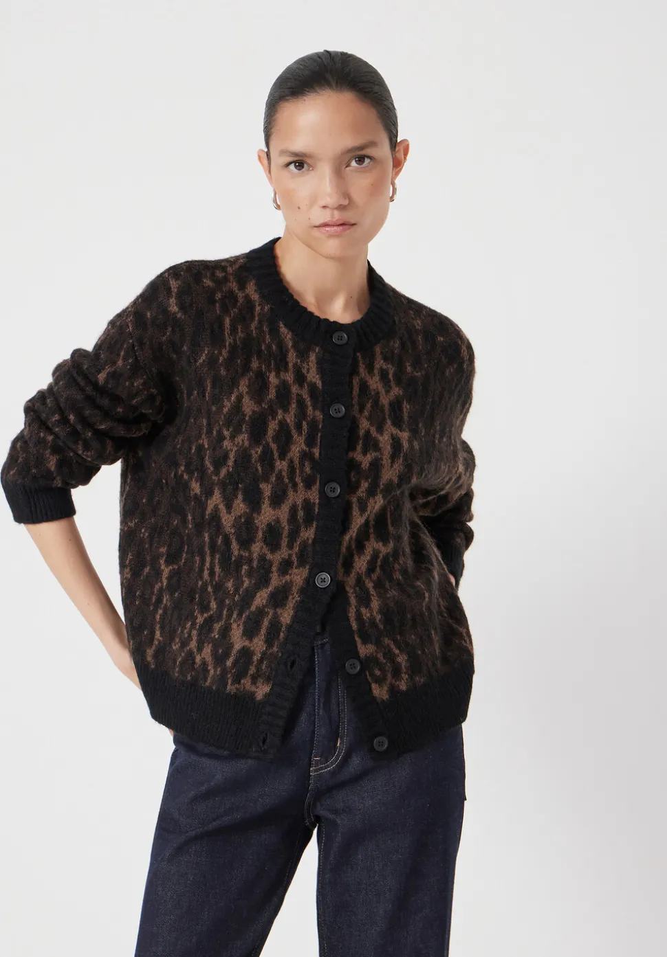 Crew Neck Animal Jacquard Cardigan with Mohair