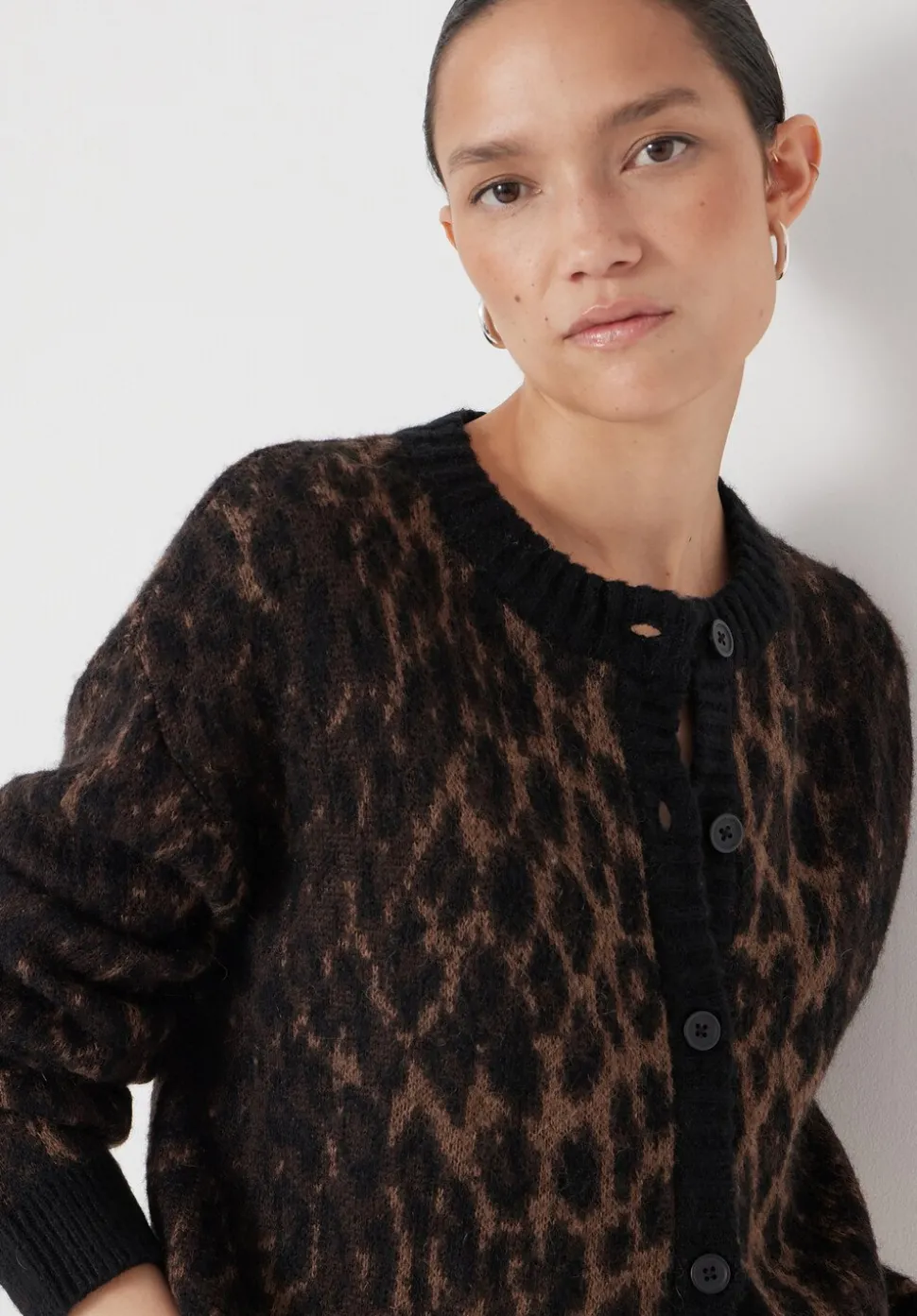 Crew Neck Animal Jacquard Cardigan with Mohair