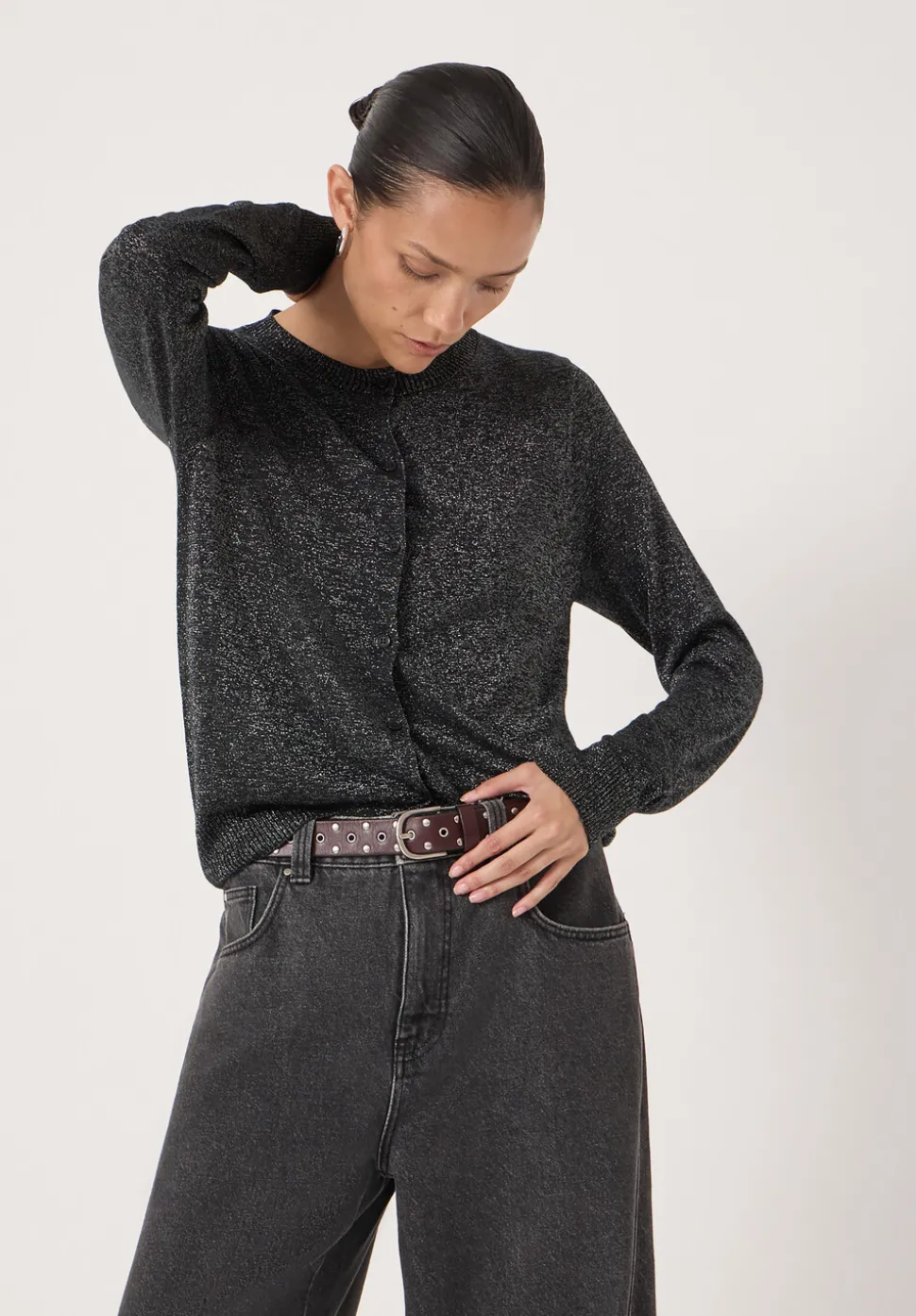 Crew Neck Slim Fit Metallic Cardigan