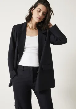 Double Breasted Pinstripe Wool Blend Blazer