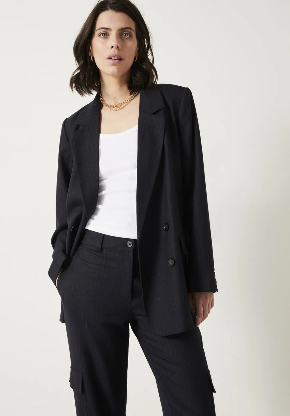 Double Breasted Pinstripe Wool Blend Blazer