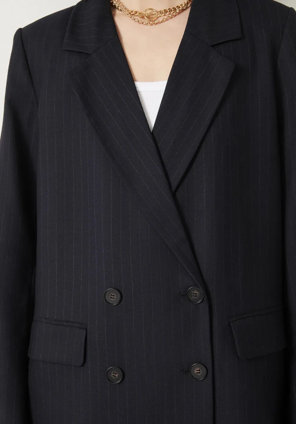 Double Breasted Pinstripe Wool Blend Blazer