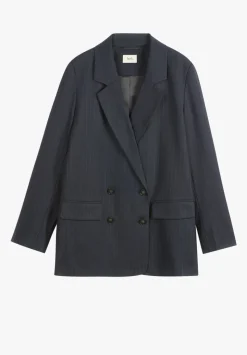 Double Breasted Pinstripe Wool Blend Blazer
