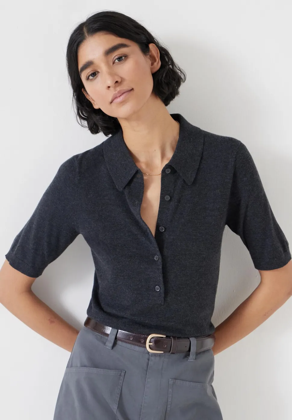 Fine Knit Short Sleeve Polo Top