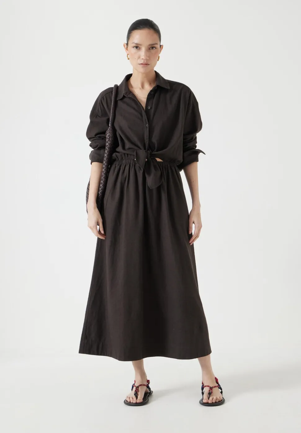 Front Bow Linen Blend Maxi Shirt Dress