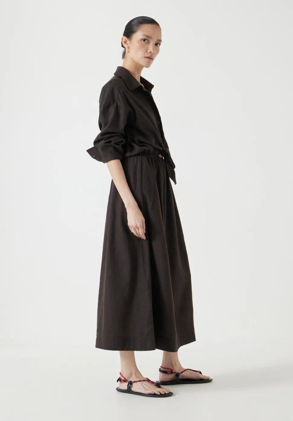 Front Bow Linen Blend Maxi Shirt Dress