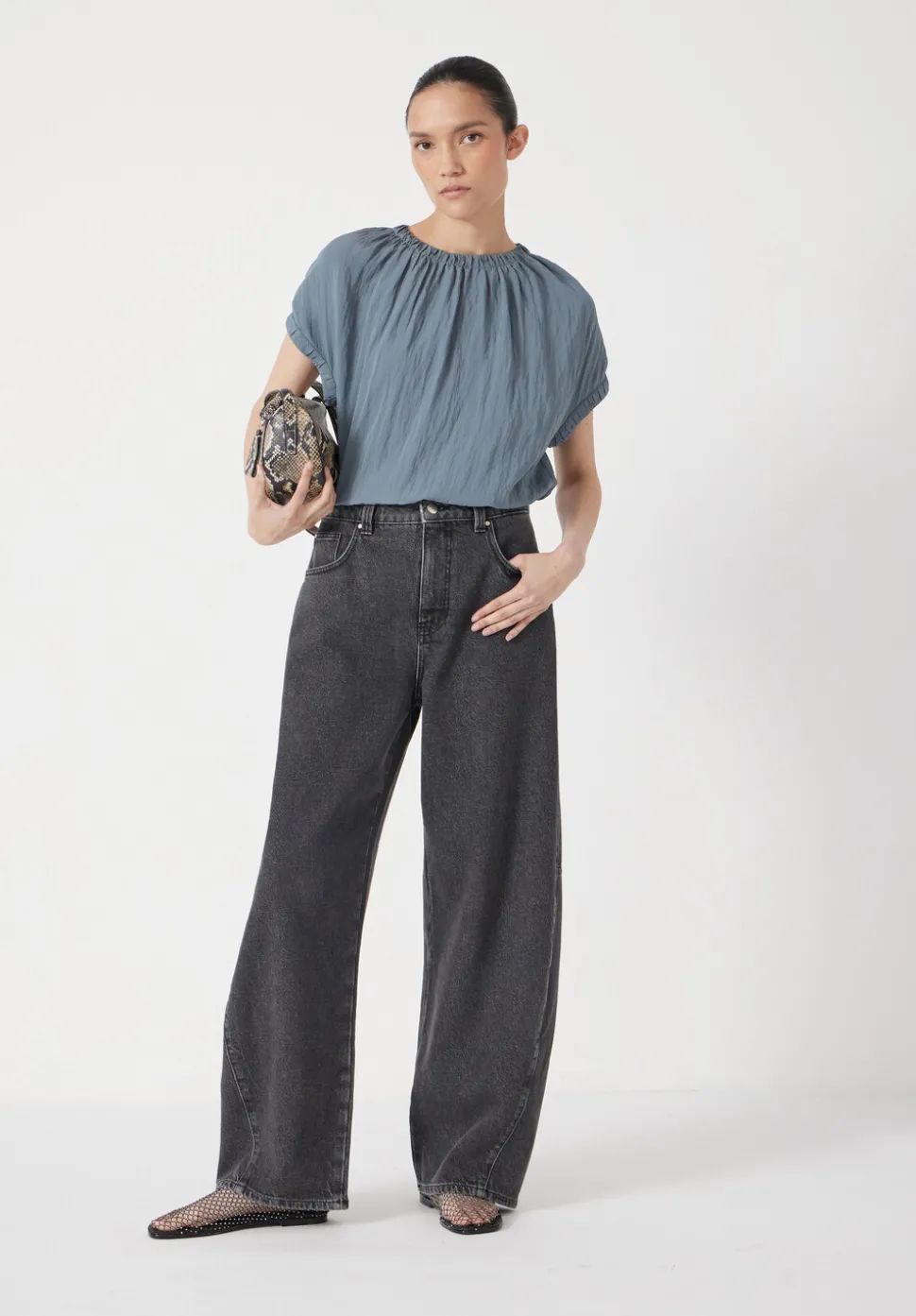 Gathered Crew Neck Detail Top