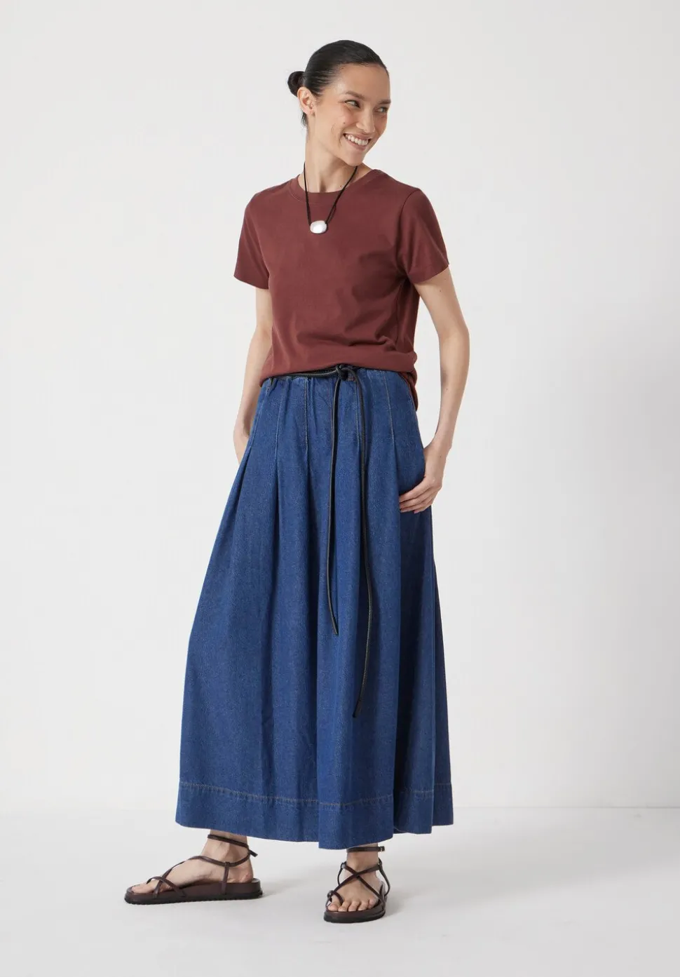 Ivy Pleated Denim Midi Skirt