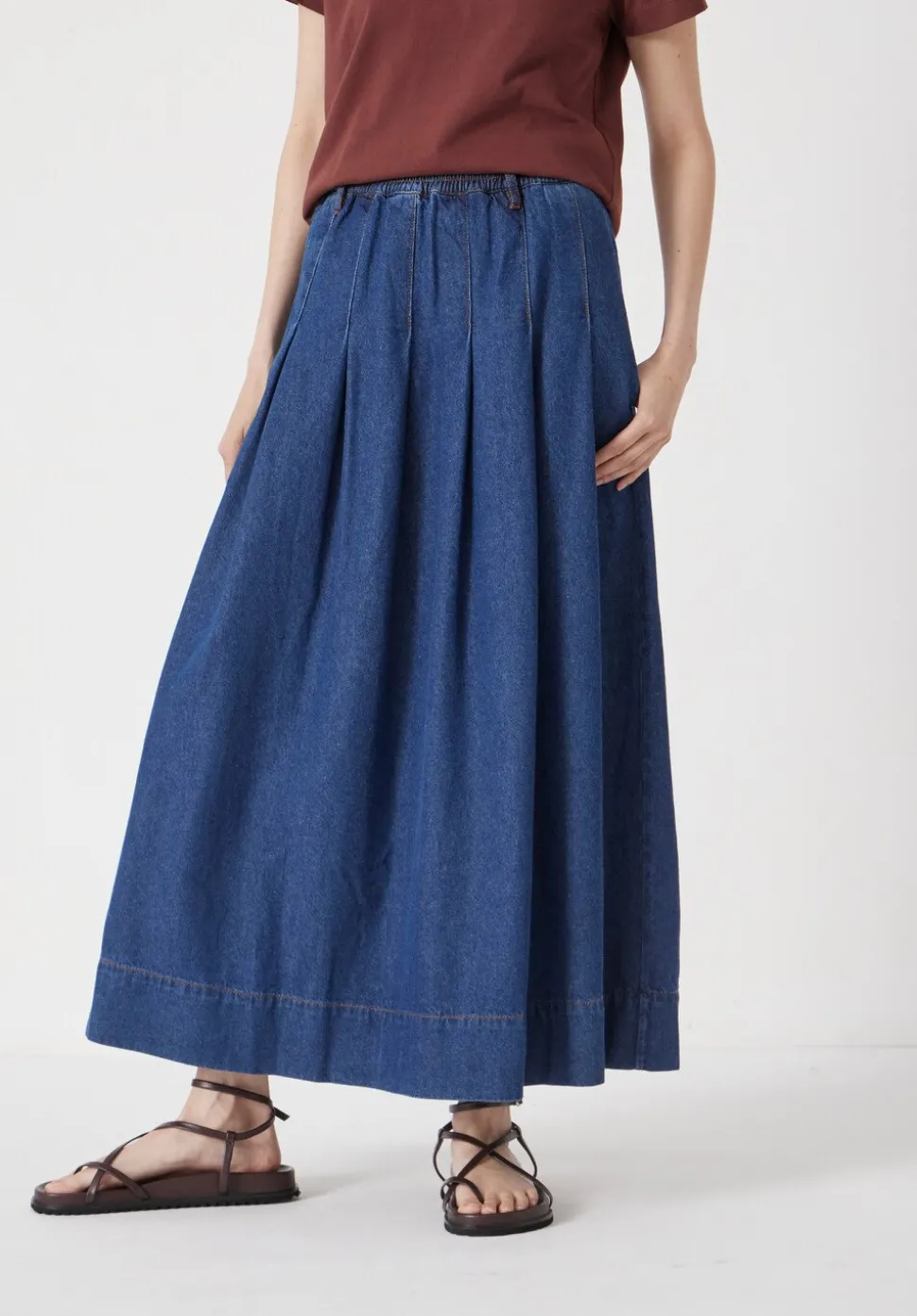 Ivy Pleated Denim Midi Skirt