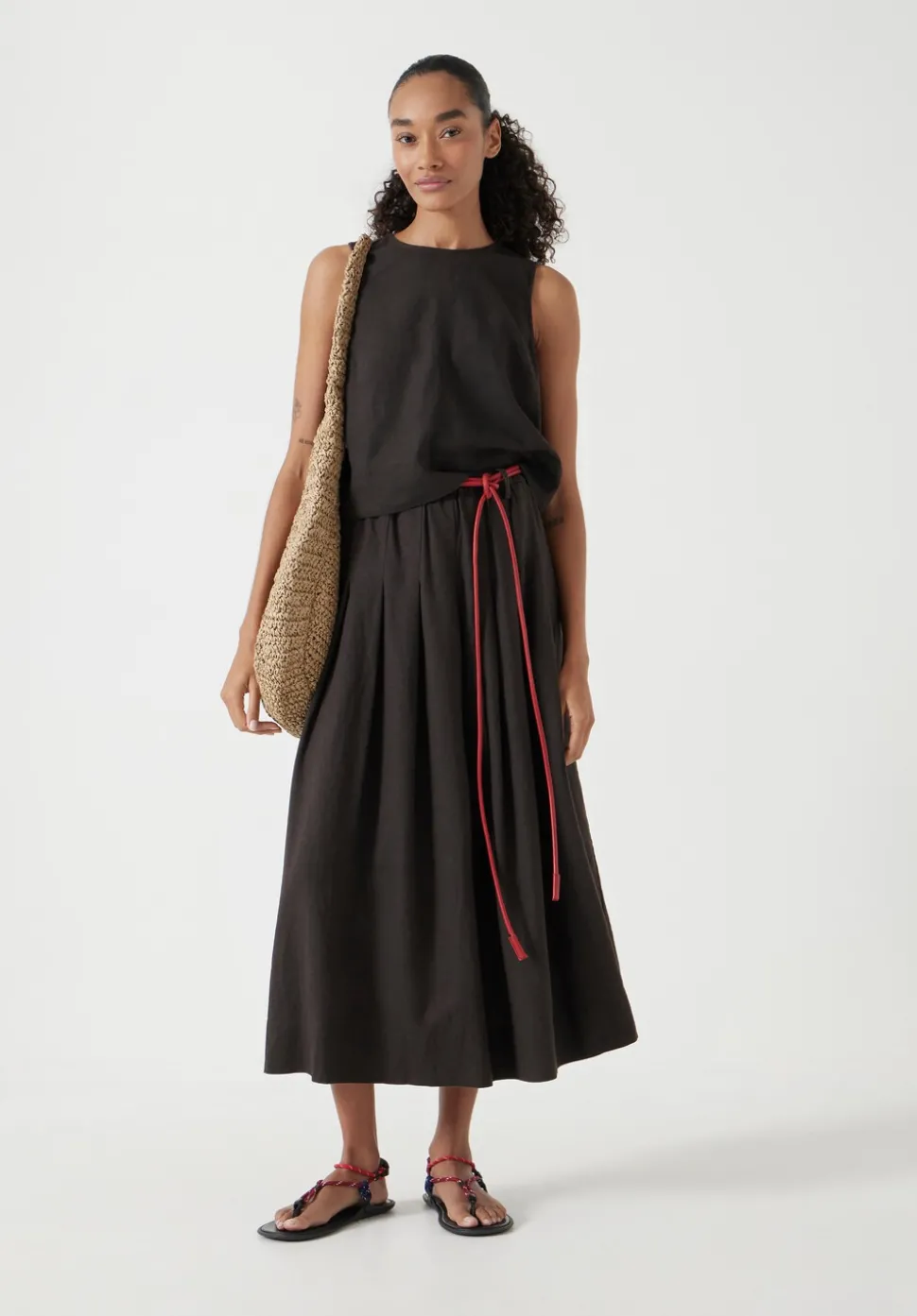Ivy Pleated Linen Blend Midi Skirt