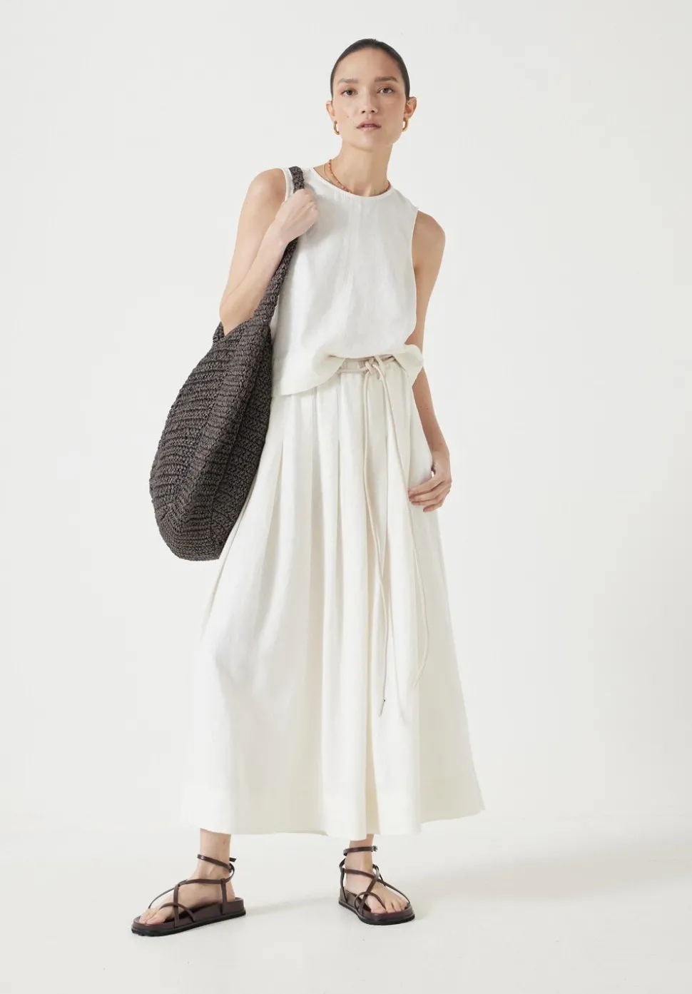 Ivy Pleated Linen Blend Midi Skirt
