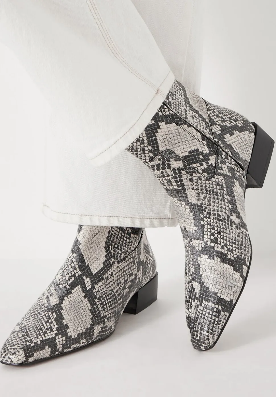 Leather Snake Print Square Toe Boots