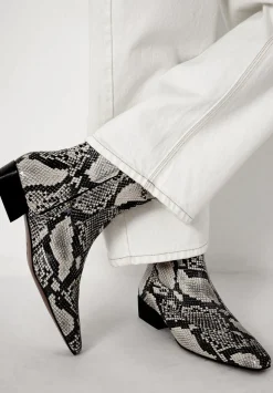 Leather Snake Print Square Toe Boots