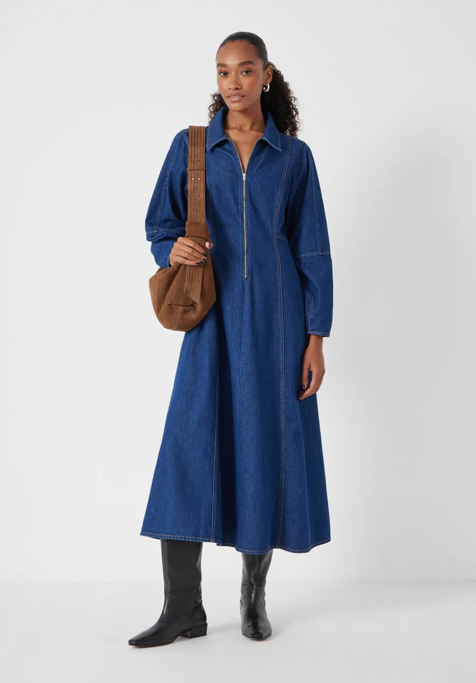 Long Sleeve Denim Tie Waist Dress