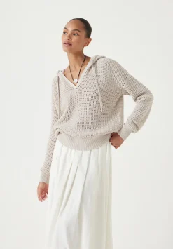 Open Stitch Cotton V Neck Hoodie