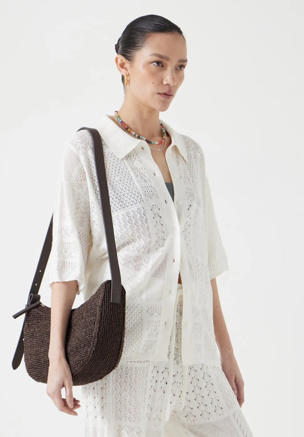 Raffia Crossbody Bag with Leather Strap
