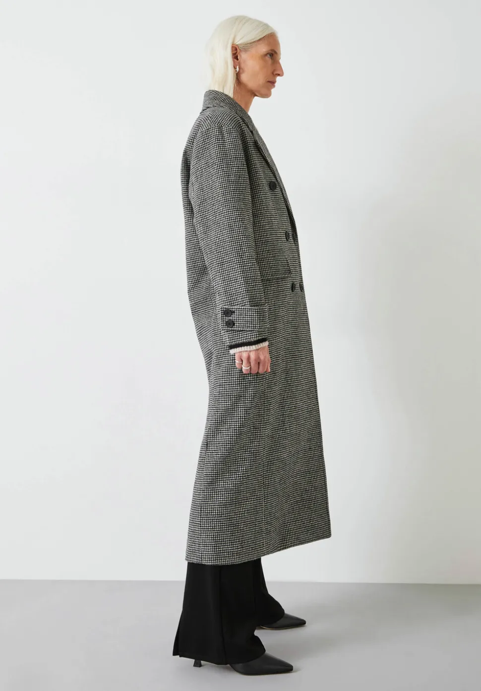 Rose Check Double Breasted Wool Blend Coat