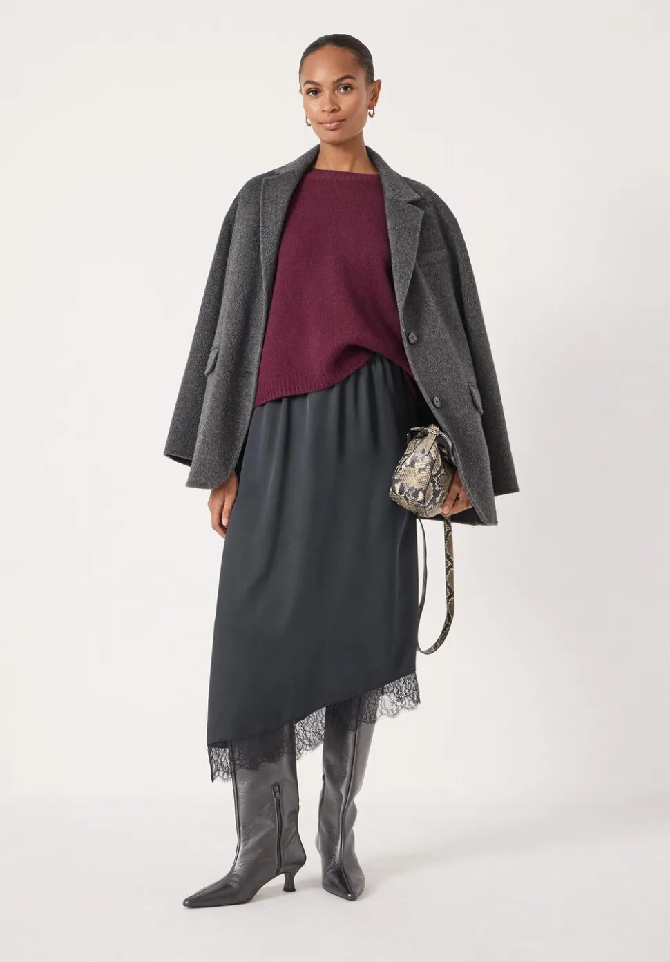 Satin Asymmetric Lace Trim Skirt