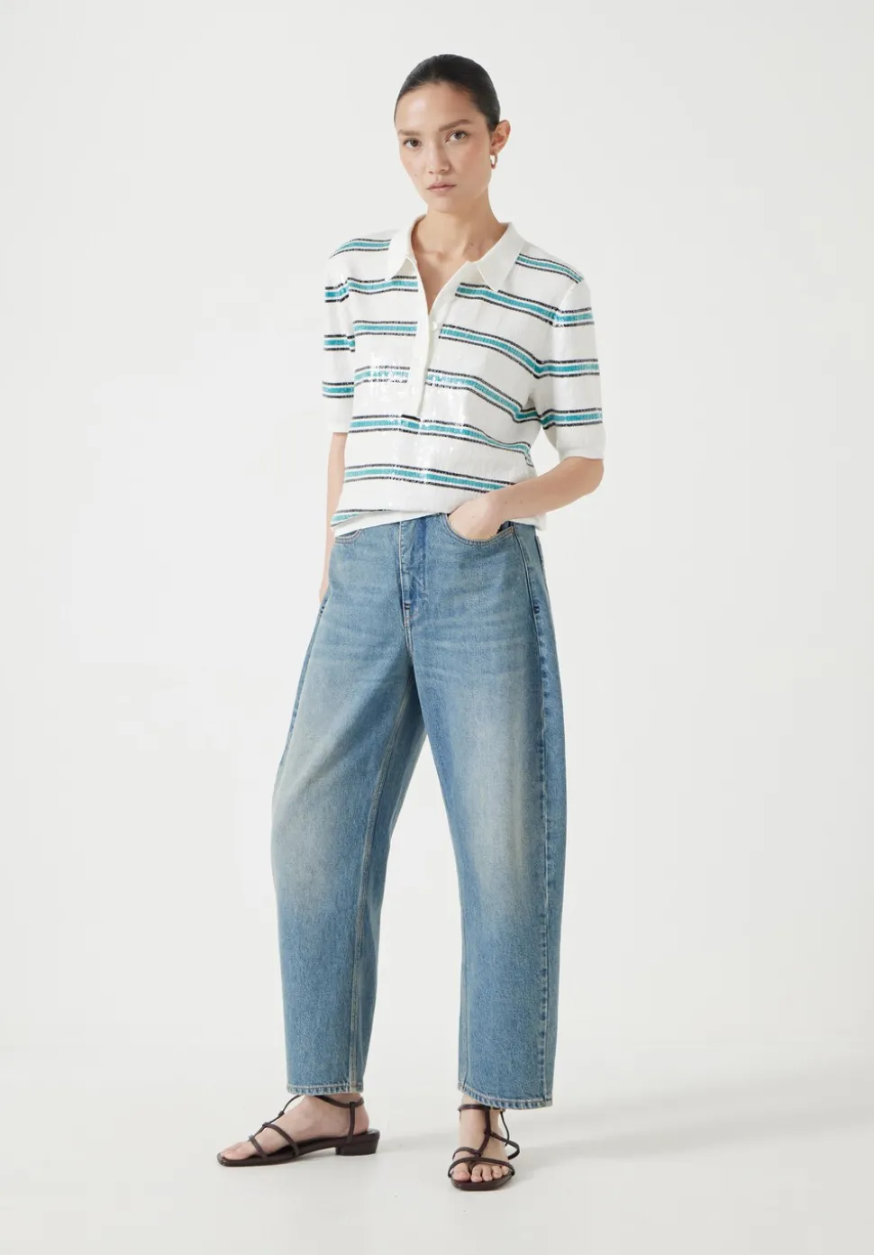Sequin Stripe Knitted Polo Top