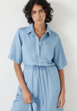 Short Sleeve Chambray Midi Shirt Dress