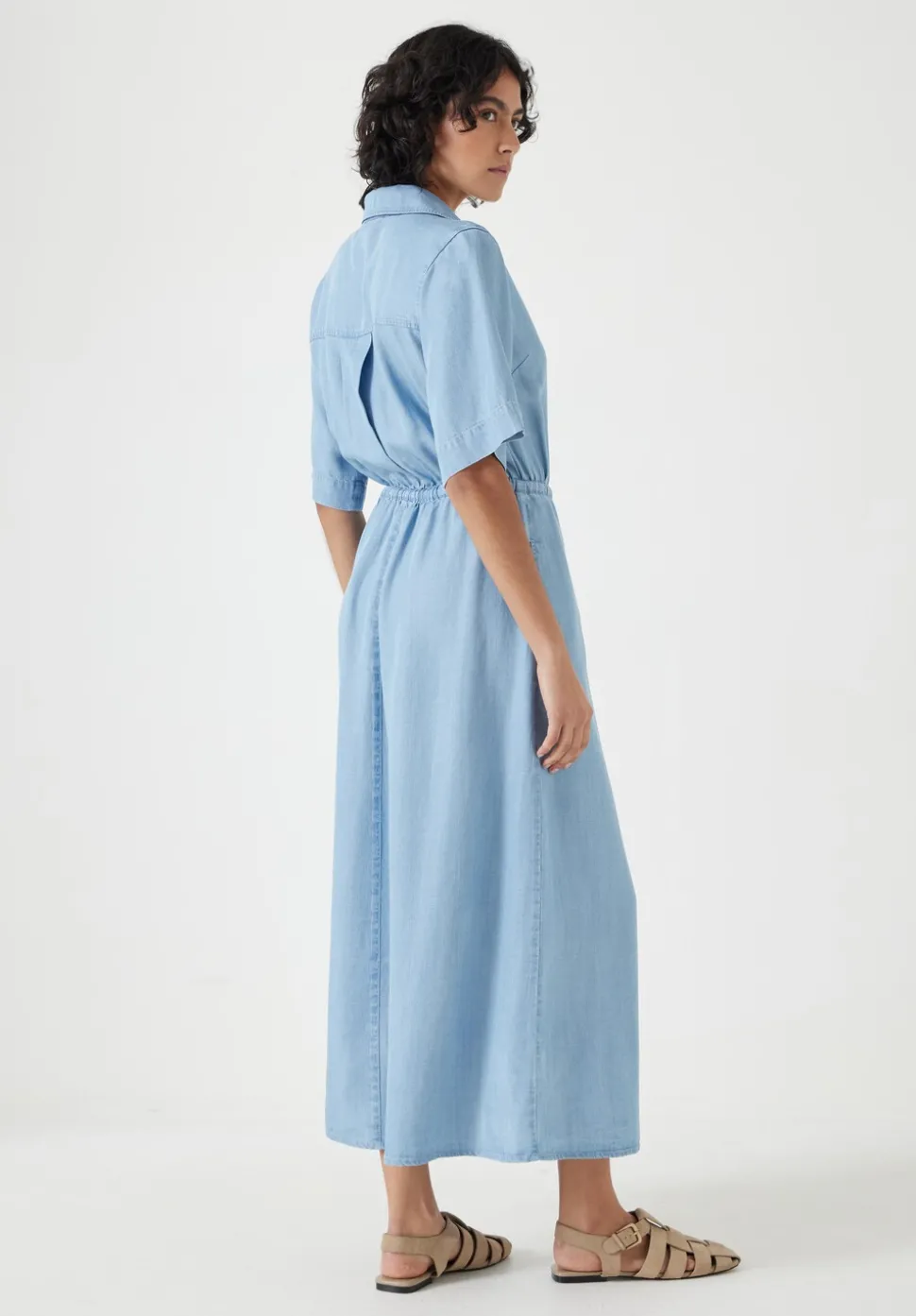 Short Sleeve Chambray Midi Shirt Dress