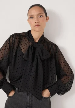 Tie Neck Flocked Spot Blouse