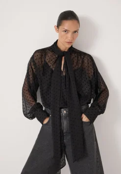 Tie Neck Flocked Spot Blouse