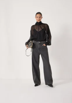 Tie Neck Flocked Spot Blouse