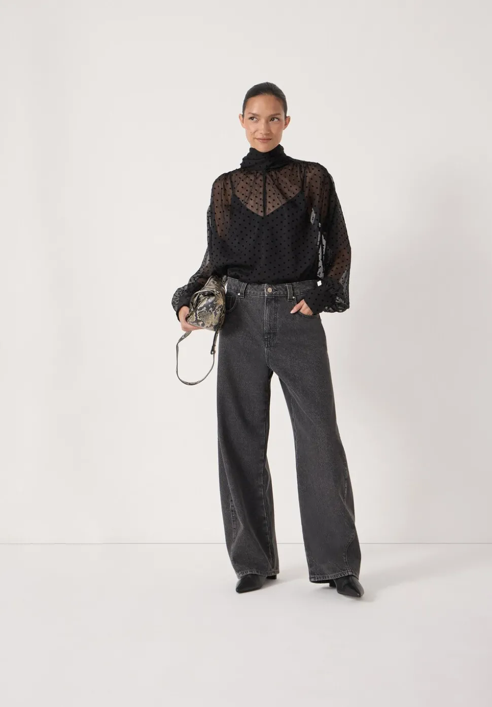 Tie Neck Flocked Spot Blouse