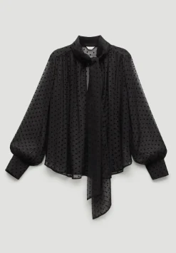 Tie Neck Flocked Spot Blouse