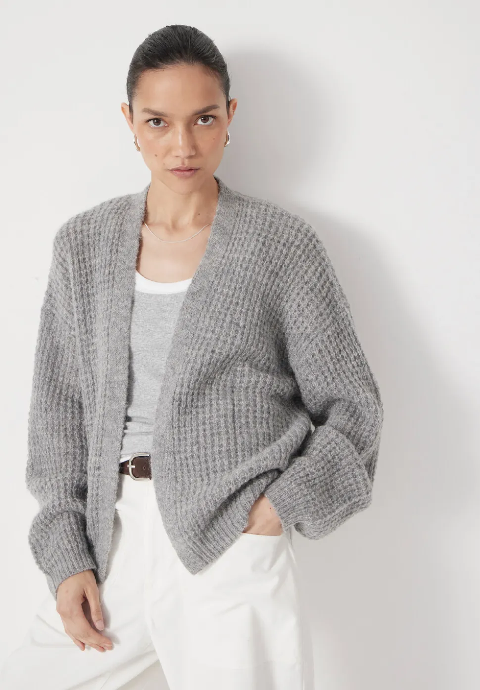 Waffle Stitch Wool Blend Edge to Edge Cardigan