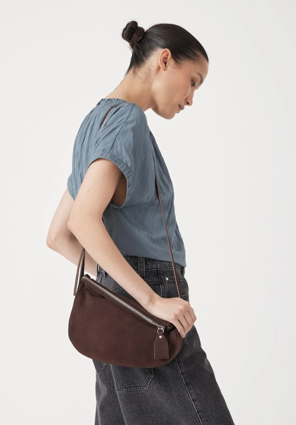 Zippy Crescent Leather Crossbody Bag